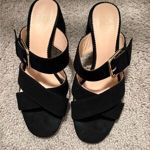 J. Crew Black Heeled Sandals with Gold Buckle
